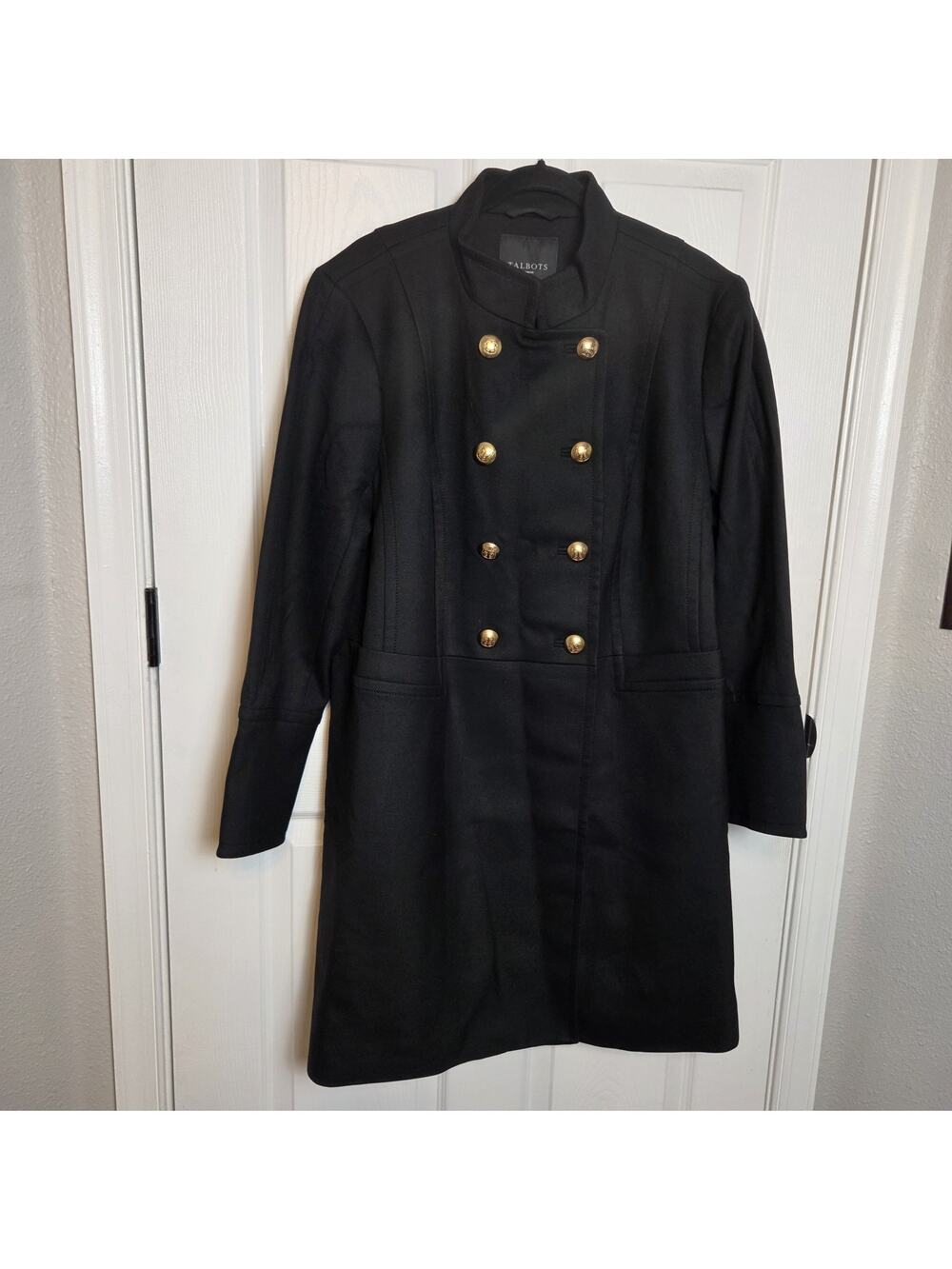 Talbots Topcoat Womans 20W Black Brass Buttons Double Breasted Pockets Military